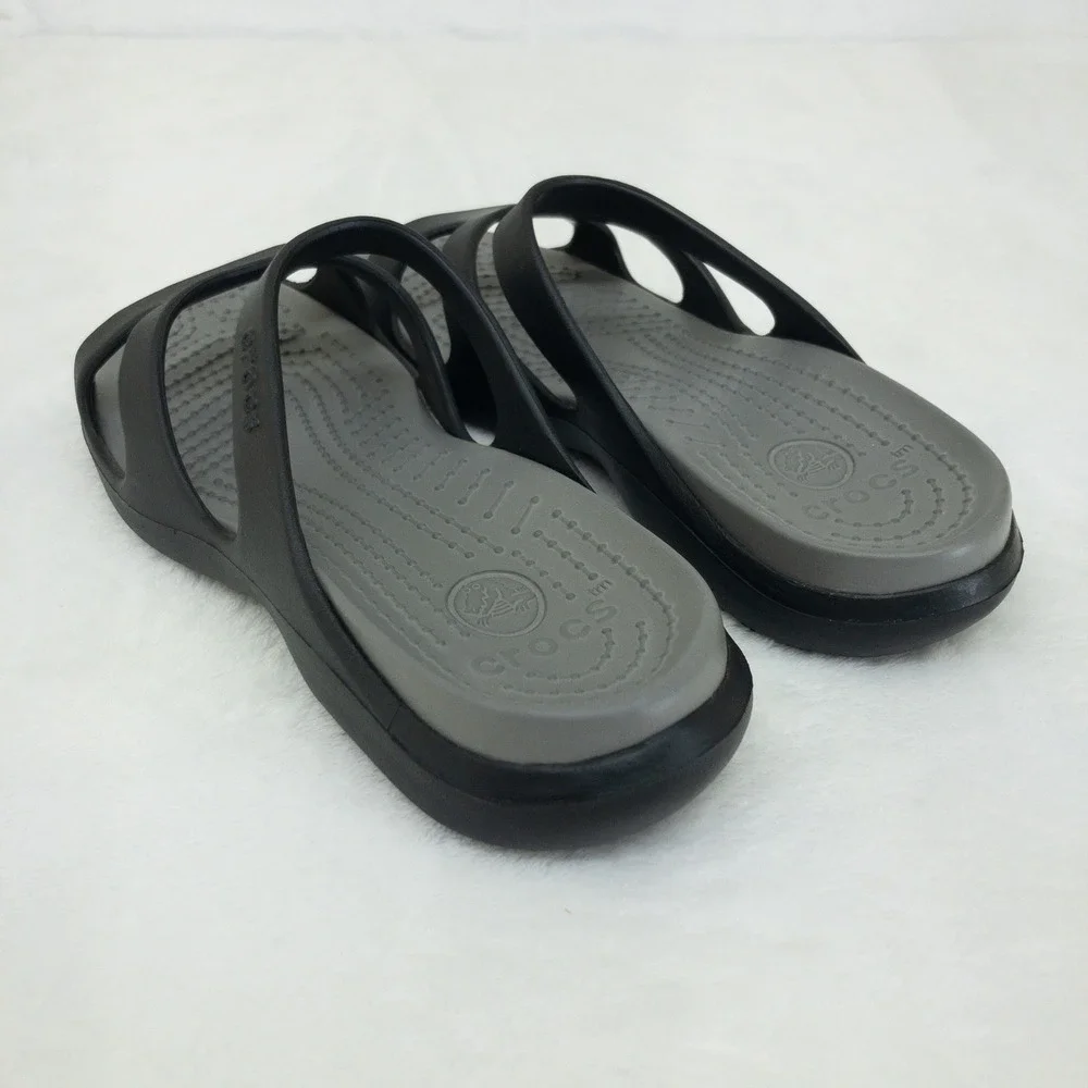 Crocs Meleen Slides Sandals Womens 7 Black Grey Comfort Lightweight Strappy